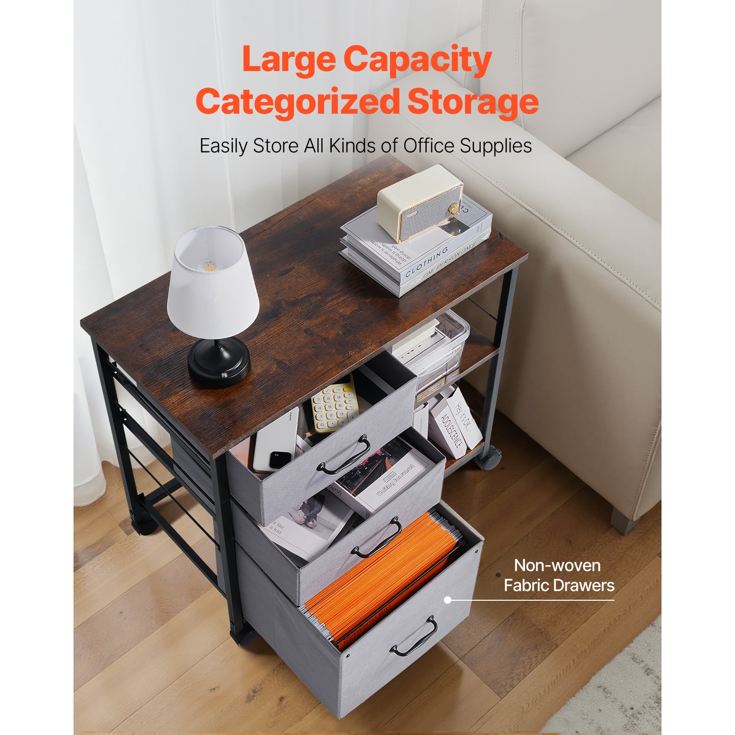 Mobile Metal File Cabinet With 3 Fabric Drawers And 2 Open Shelves Brown_maomaolike.com